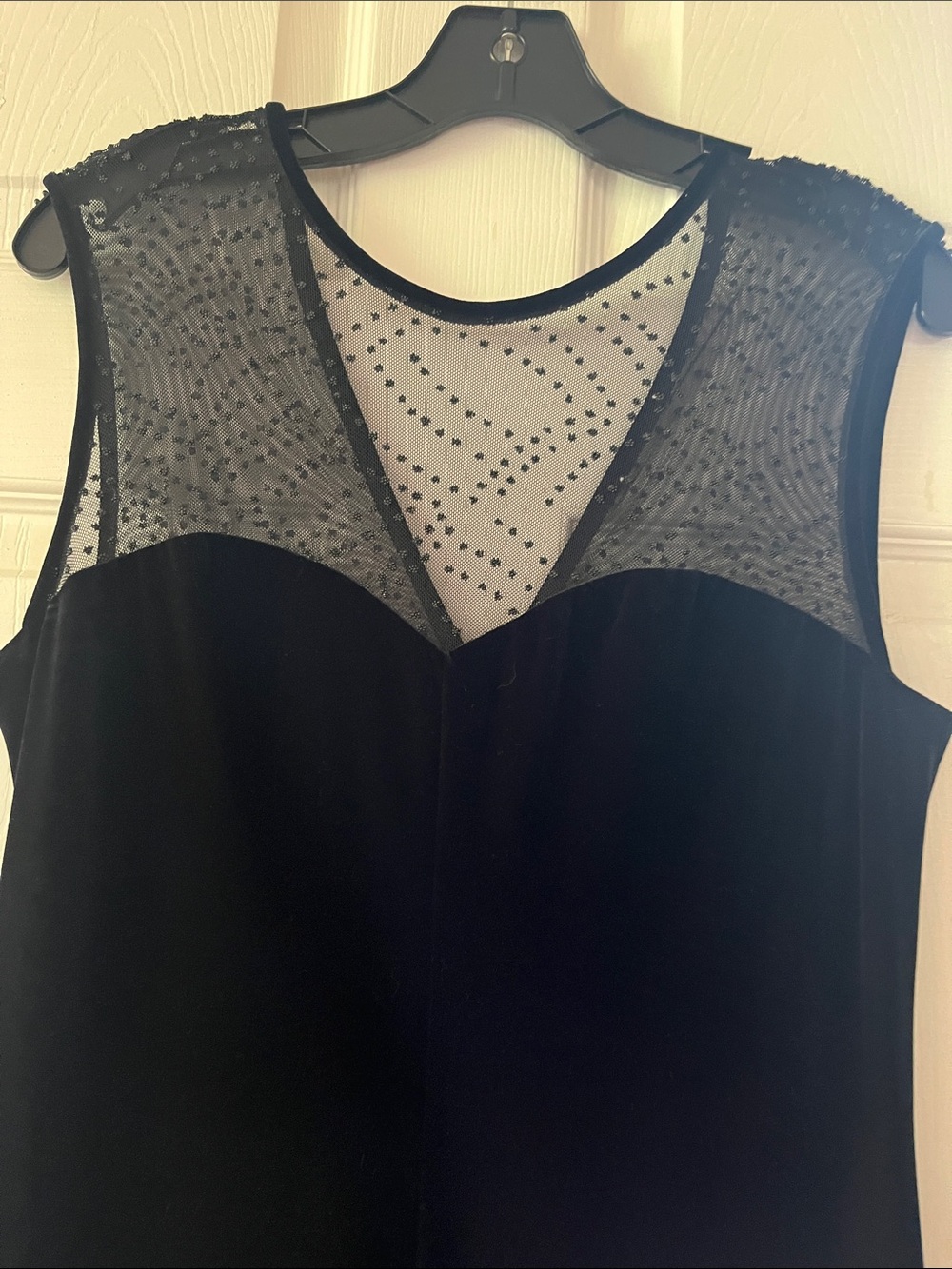 Elegant Black Velvet Maxi Dress with Sheer Polka Dot Yoke - Picture 2 of 5